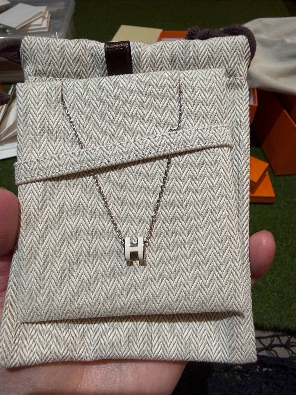 Hermes White H Pendant Necklace on Silver Chain